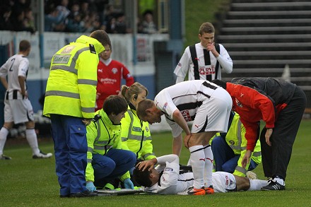 Steven Bell injured at Cappielow Park Steven Bell injured at Cappielow Park