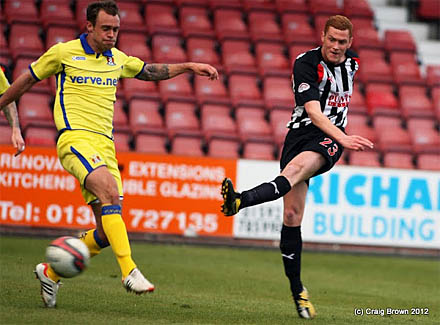 R?yan Thomson hits a shot in the Clydesdale Bank Scottish Premier League game between Dunfermlin?e Athletic FC and Kilmarnock FC at East End Park Stadium, Dunfermlin?e R?yan Thomson hits a shot in the Clydesdale Bank Scottish Premier League game between Dunfermlin?e Athletic FC and Kilmarnock FC at East End Park Stadium, Dunfermlin?e