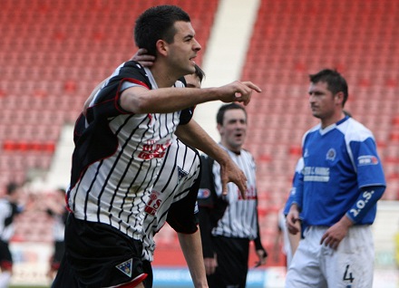 Steven Bell celebrates converting penalty v Queen of the South Steven Bell celebrates converting penalty v Queen of the South