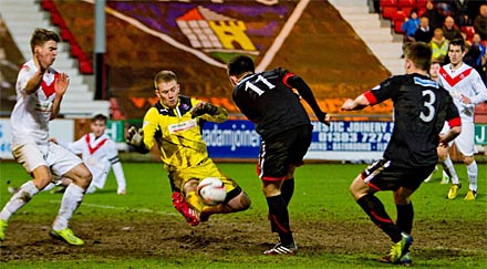 Lawrence Shankland has effort blocked Lawrence Shankland has effort blocked