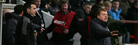 Jim McIntyre and Neil Lennon in the dugouts Jim McIntyre and Neil Lennon in the dugouts