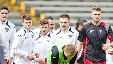 Team in warm up at Cappielow on Saturday 13th April
