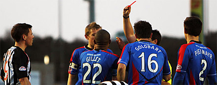 Inverness centre half Kenny Gillet is shown red Inverness centre half Kenny Gillet is shown red