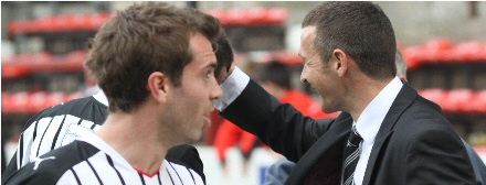 Jim McIntyre congratulates Steven Bell for his hat-trick v Morton Jim McIntyre congratulates Steven Bell for his hat-trick v Morton