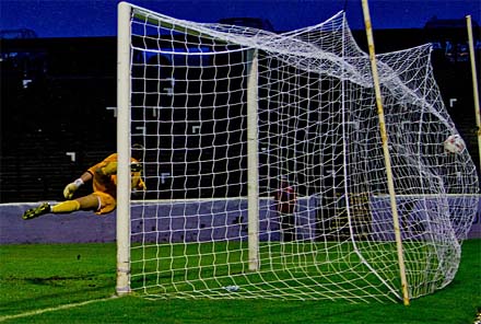 Stephen Husband bulges the net Stephen Husband bulges the net