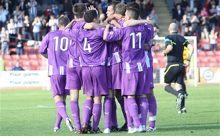 Dunfermline celebrate Pat Clarke`s opening goal at Firhill Dunfermline celebrate Pat Clarke`s opening goal at Firhill