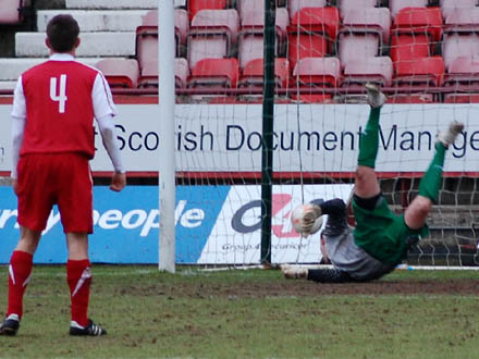 Aaron Scott`s shot hits the net v Ross County U19s