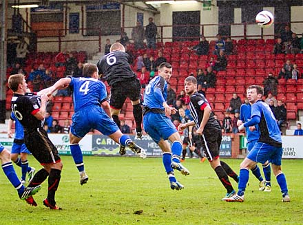 Andy Geggan heads home the second goal Andy Geggan heads home the second goal