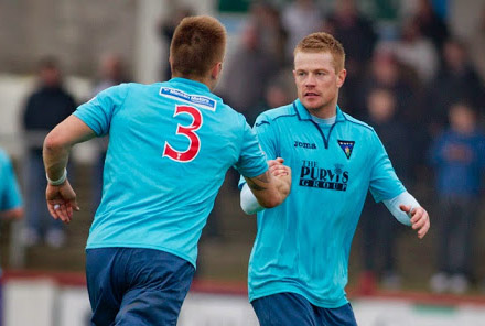 Andy Geggan congratulated by Danny Grainger Andy Geggan congratulated by Danny Grainger