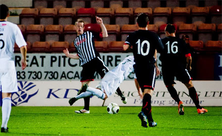 Joe Cardle goes over in the box Joe Cardle goes over in the box